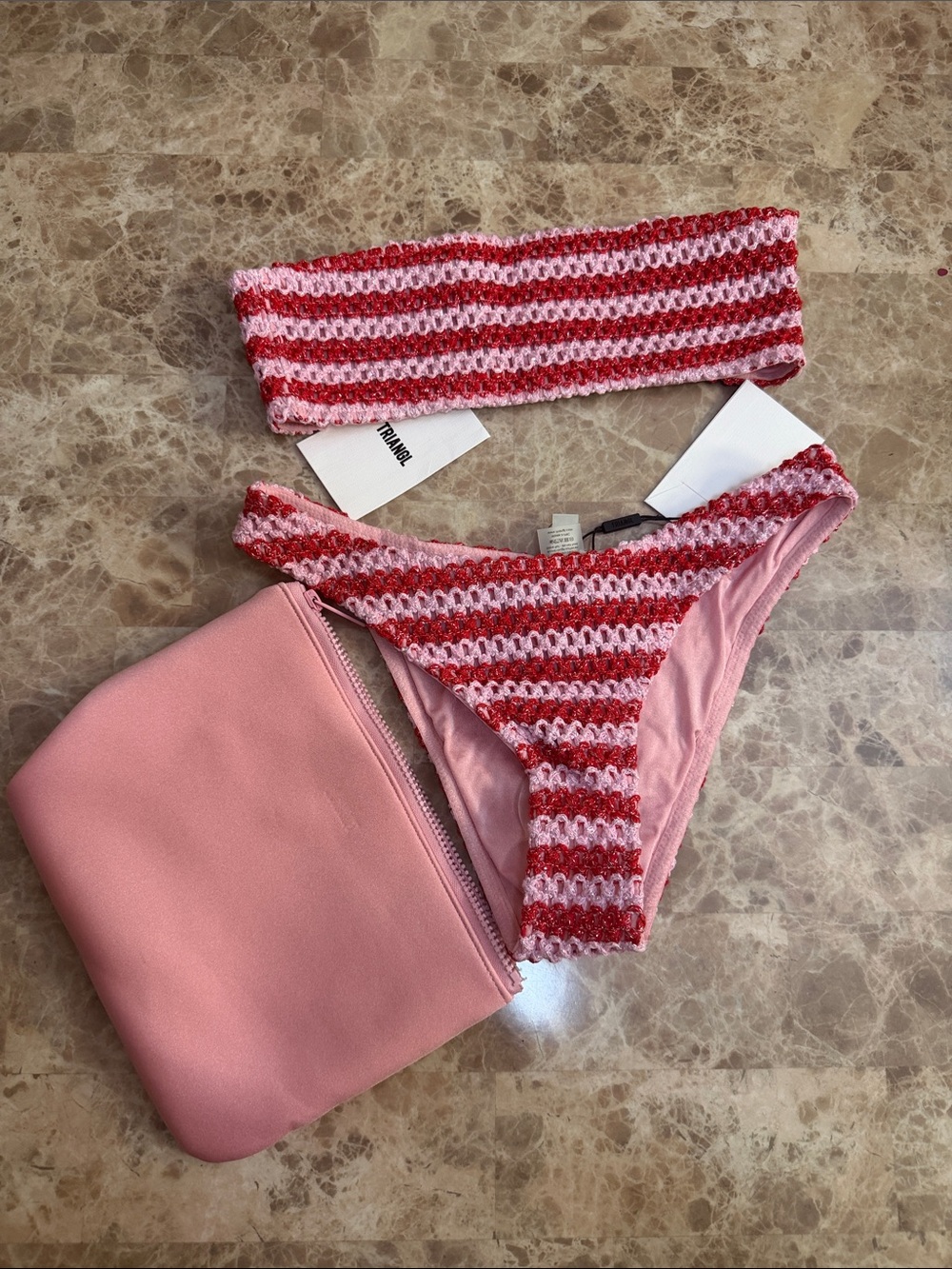 triangl swimwear Pink & Red Striped Crochet Bikini Set